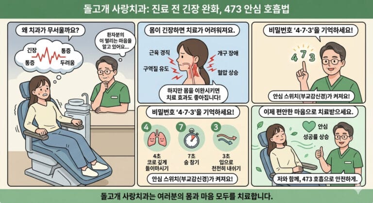 473호흡법을 통해 부교감신경을 활성화 시킬때 치과치료에서 도움이 되는 점을 설명하고있음