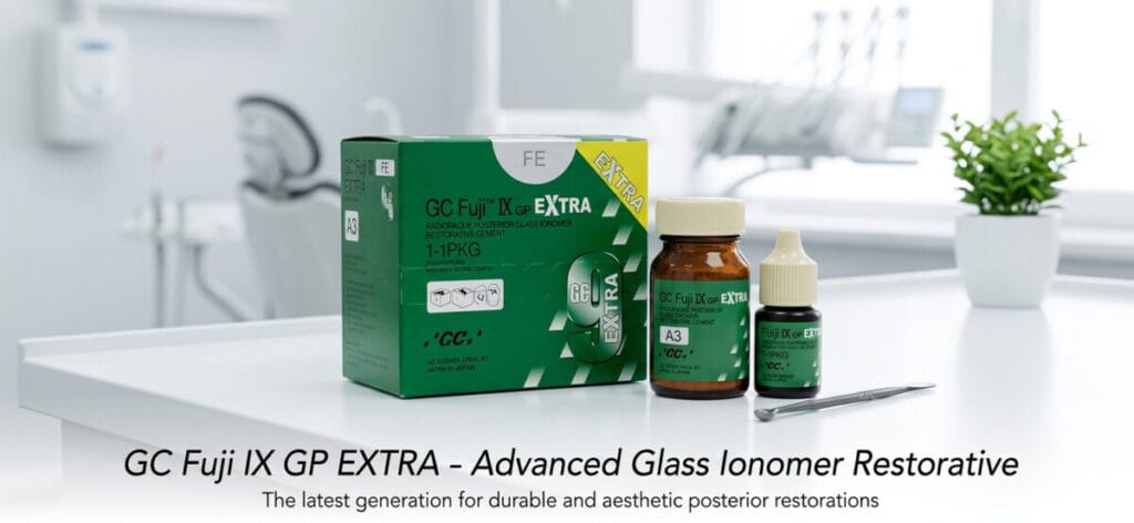 GI 보험 치료 재료로 사용되는 GC Fuji iX GP EXTRA-Advanced Glass Ionomer Restorative 제품이 책상위에 놓여있는 이미지