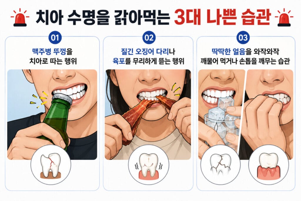 치아 건강을 해치는 잘못된 습관3가지를 이미지로 보여주고 있습니다. 내용은 본문의 내용과 동일합니다