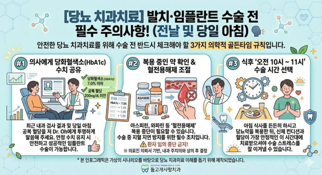 당뇨 치과치료 시 주의사항에 대한 이미지입니다. 의사에게 당화혈색소수치를 공유해야하고, 복용중인 약을 확인하고, 식후 오전10~11시가 좋습니다.
