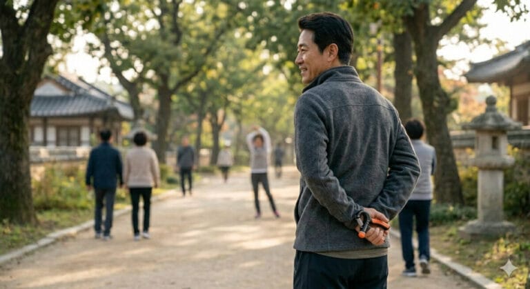 중년의 남성이 악력기를 들고 산책하는 모습
