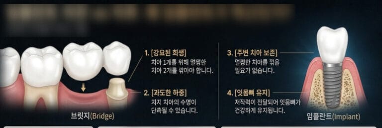 브릿지와 임플란트를 비교하는 사진