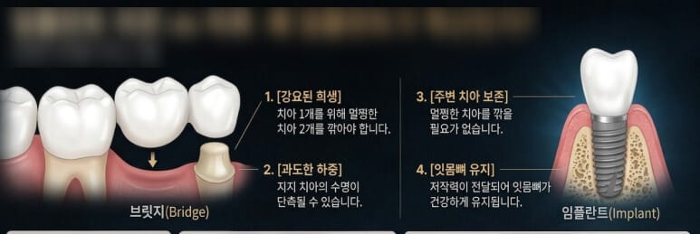 임플란트와 브릿지의 차이점을 설명함, 본문에 근거해서 설명하고 있음 