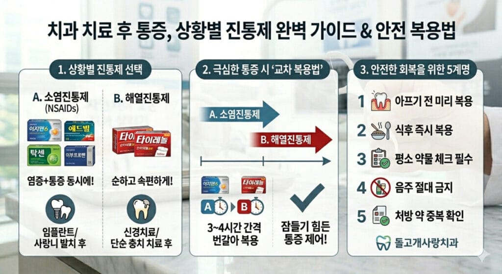 치과 치료후 통증이 있을때 복용가능한 진통제 종류와 복용법에 대해서 설명한 이미지입니다.