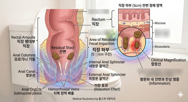 올바른 좌욕 방법에 대해서 알기위해 항문의 해부도를 통해 잔변이 남아있는 위치를 설명하고 있습니다. 